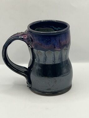 Large Handmade Studio Art Pottery Mug Purple Metallic Drip Glaze Frog Stamp
